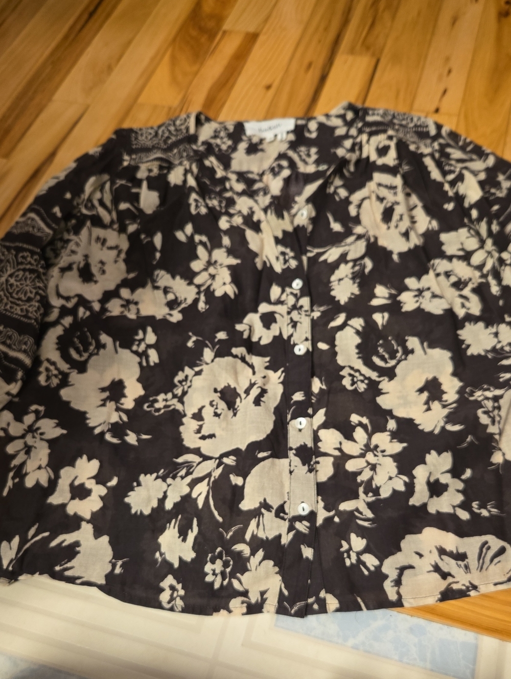 ba&sh Black and Cream Floral Button-Front Blouse